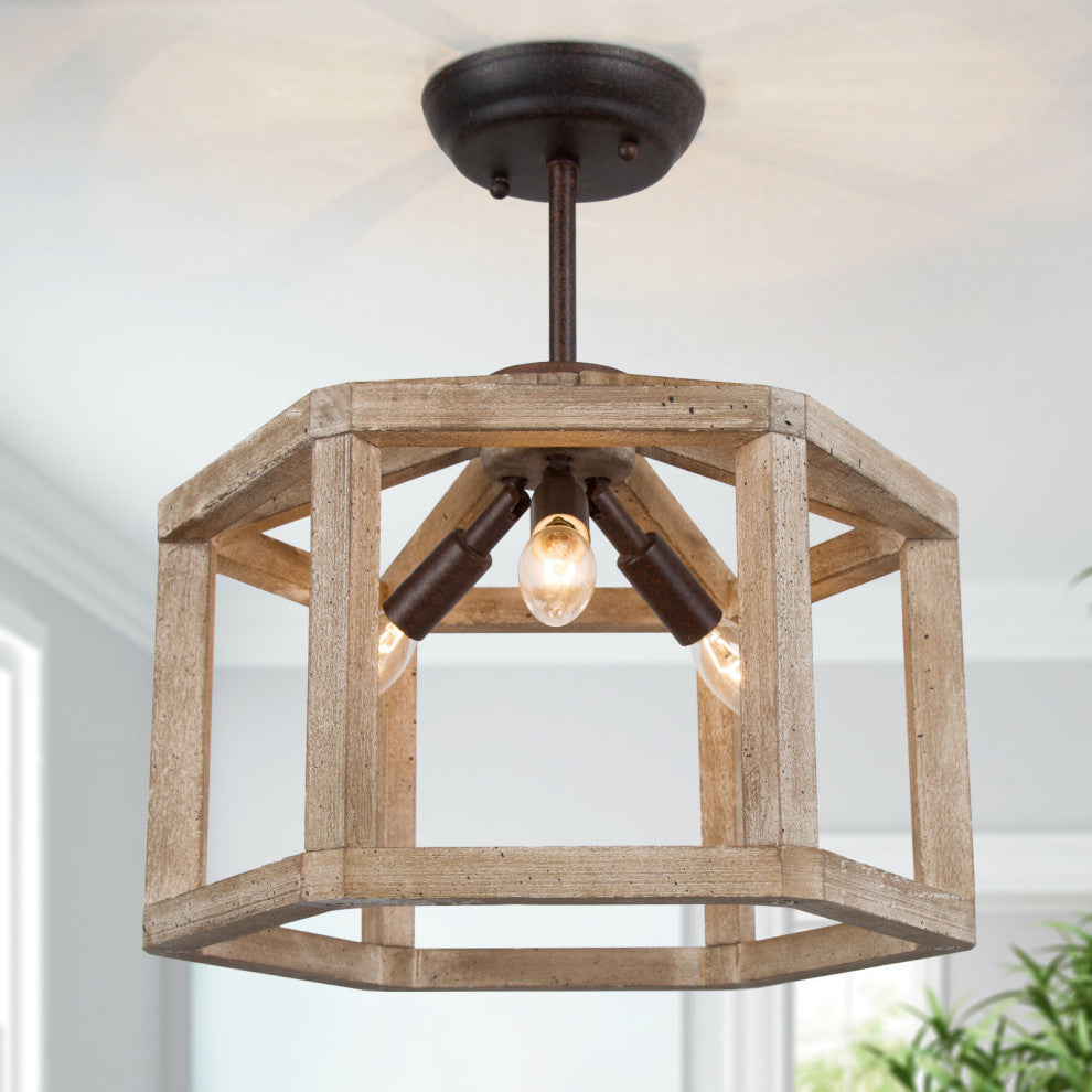 LNC Farmhouse 3-Light Bronze Drum Wood Semi-Flush Mount Chandelier