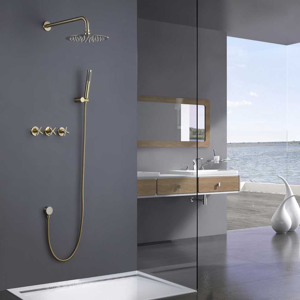 Luxury Wall Mounted Complete Shower System with Rough-in Valve, Brushed Gold