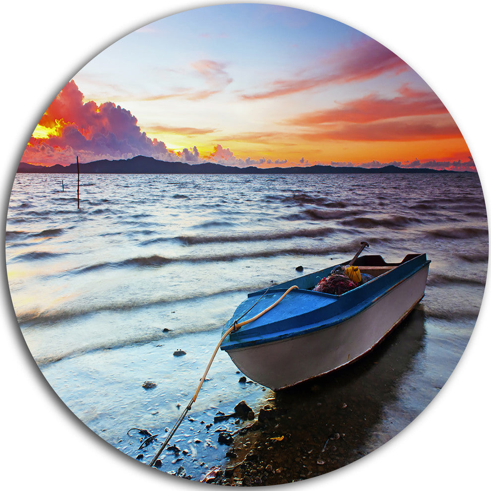 Boat At The Sunset, Landscape Photo Disc Metal Artwork, 23"