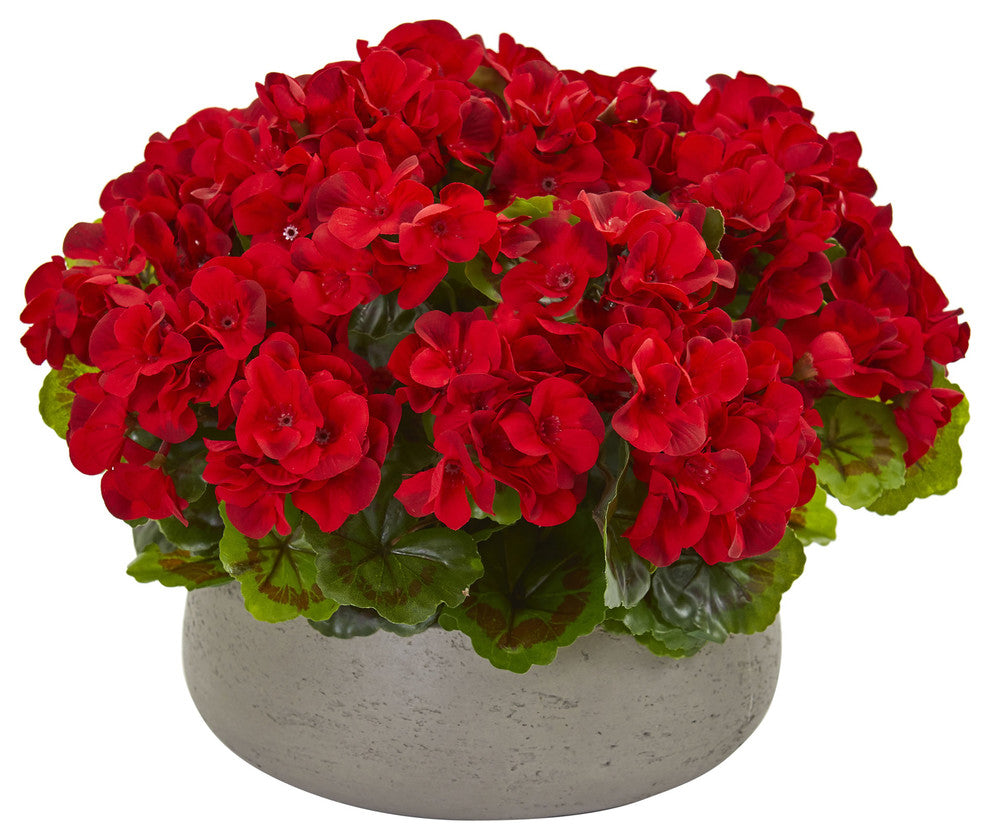 Nearly Natural Geranium Artificial Plant in Stone Planter UV Resistant Red