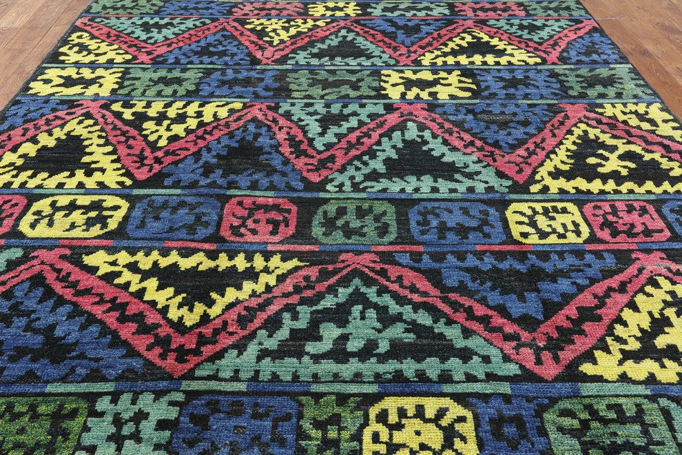 9'x10' South Western Navajo-Design Kaitag Blue Hand Knotted Wool Area Rug