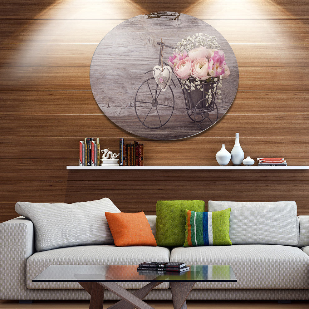 Ranunculus Flowers In Bicycle Vase, Floral Disc Metal Artwork, 36"