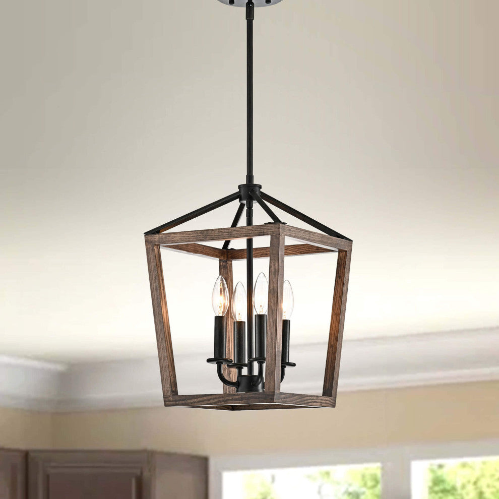 Ellen 4-light Antique Black Iron and Wood Cage Chandelier