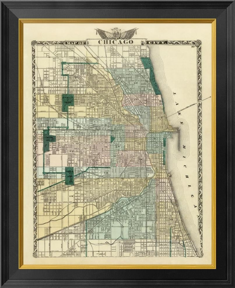 "Map of Chicago City, 1876" Framed Canvas Giclee by Warner and Beers, 21x26"