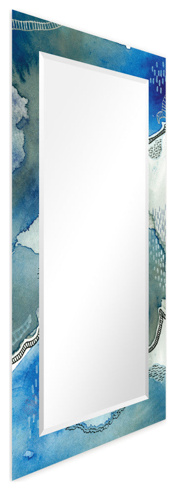 "Subtle Blues" Beveled Mirror on Printed Abstarct Tempered Art Glass, 54x28"