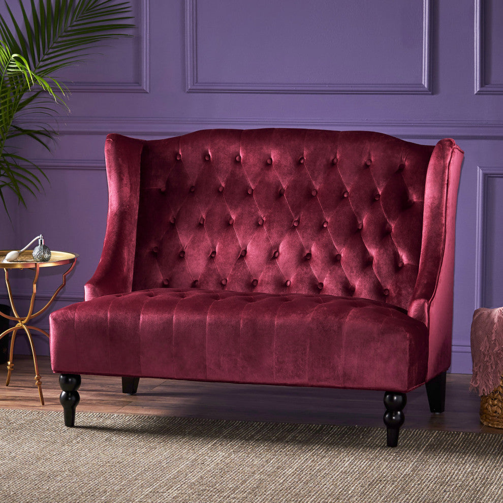 GDF Studio Leona Traditional High Back Tufted Winged Fabric Loveseat, Wine