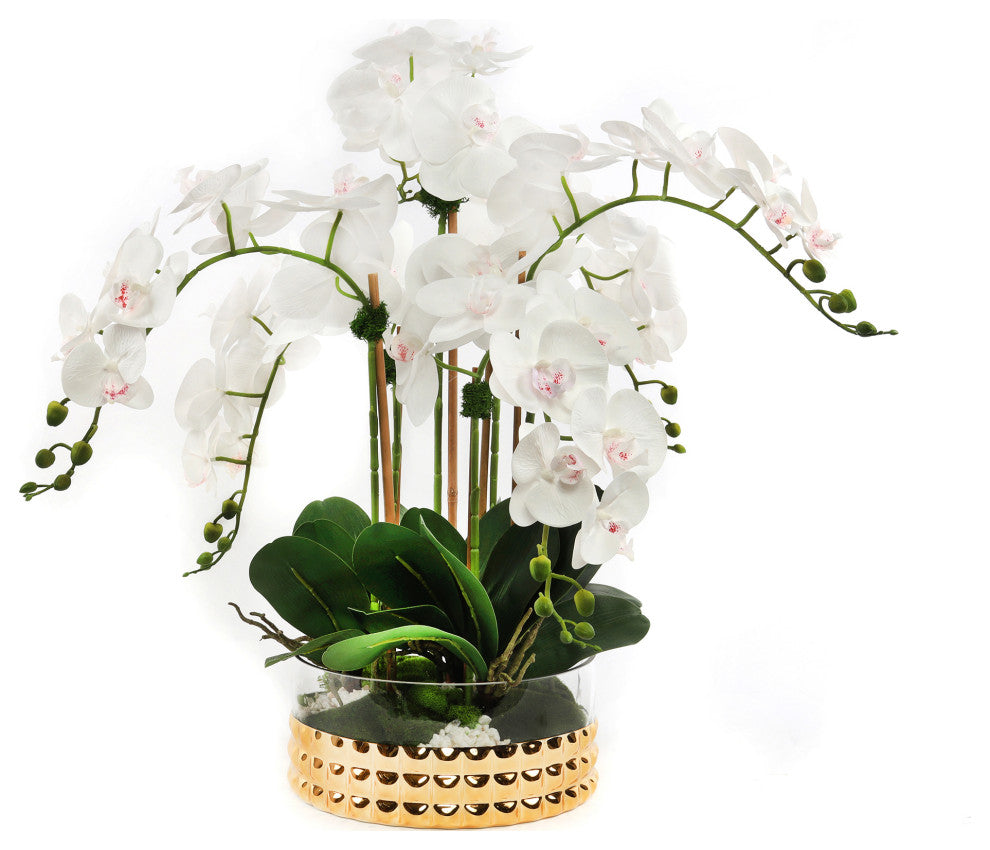 Real Touch Cream Orchid Arrangement in a Glass Gold Bowl