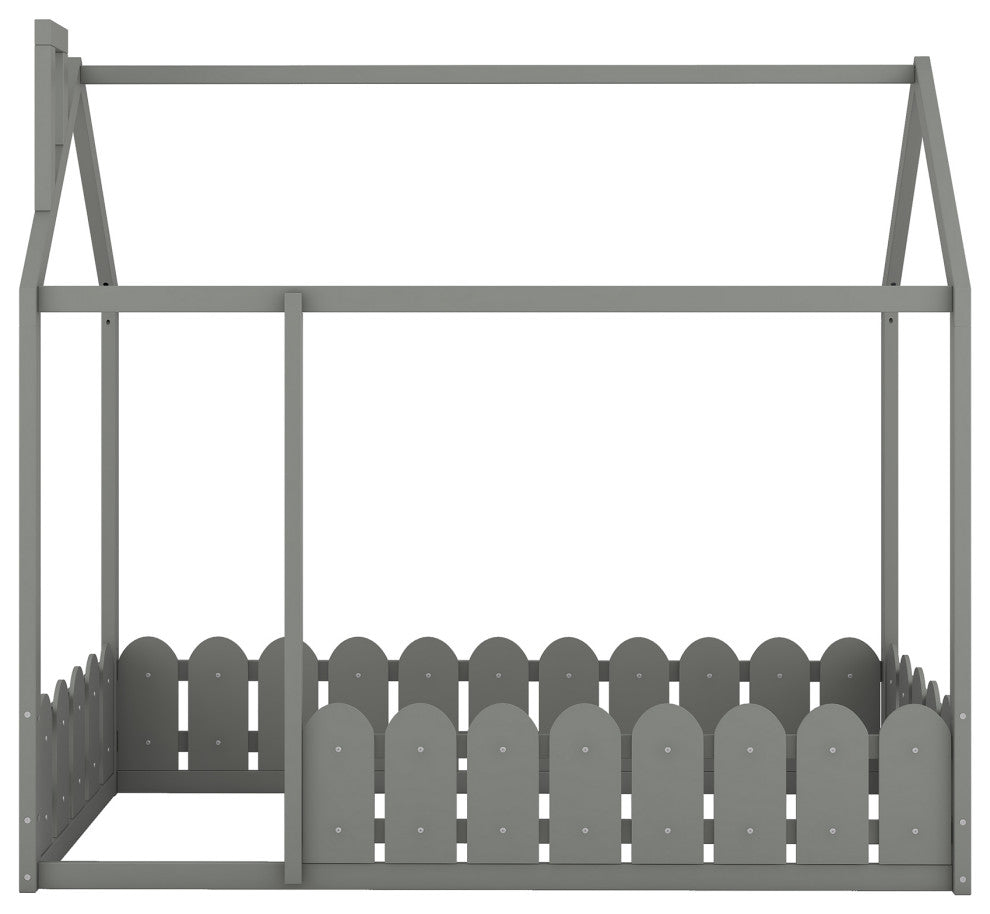 Gewnee Twin Size Wood House Bed with Fence in Gray