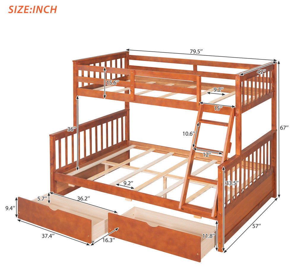 TATEUS Twin Over Full Bunk Bed With Storage Drawers Wood Bunked Bed, Walnut