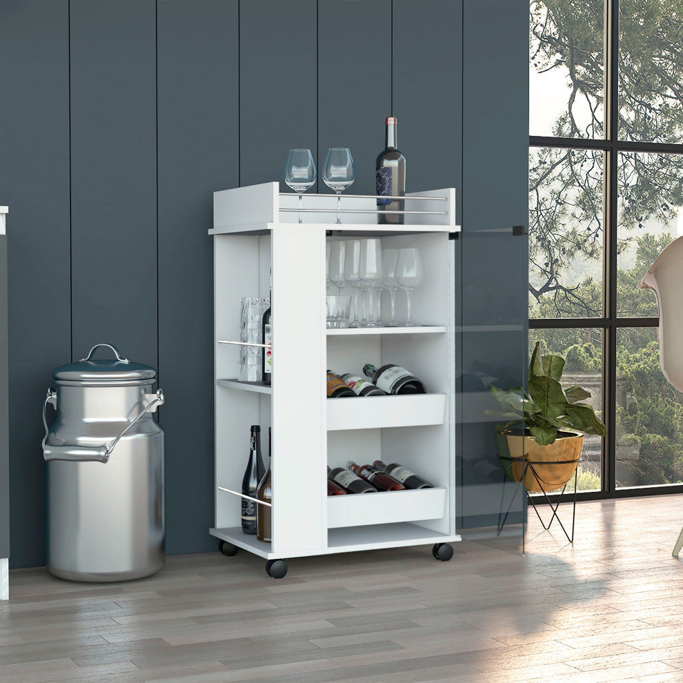 Lusk Bar Cart With Casters, Glass Door, 2 Inner Shelves, and Shelves, White