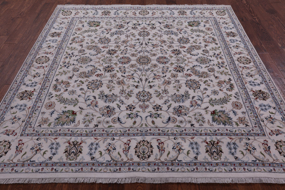 7' Square Wool & Silk Hand-Knotted Persian Nain Rug - Q14752