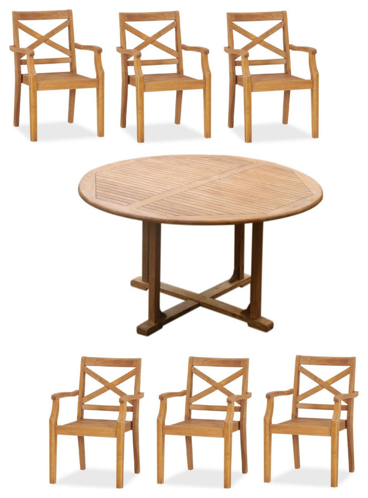 7-Piece Outdoor Teak Dining Set: 60" Round Table, 6 Grand Stacking Arm Chairs
