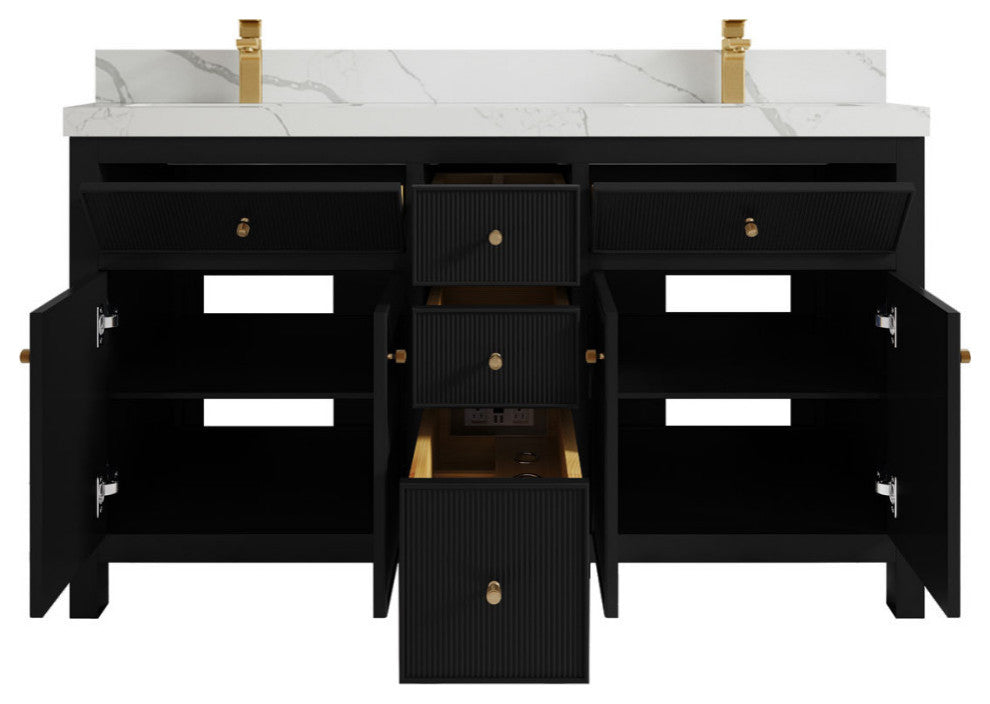 Sonoma 60 Double Sink Reeded Bathroom Vanity in Black 2" Calacatta Laza