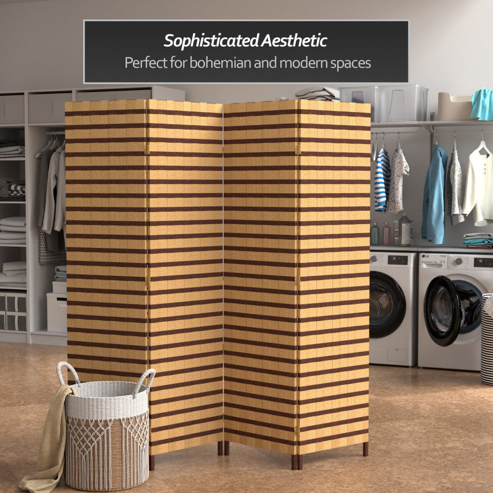 6' Tall Two Tone Natural Fiber Room Divider, 4 Panel