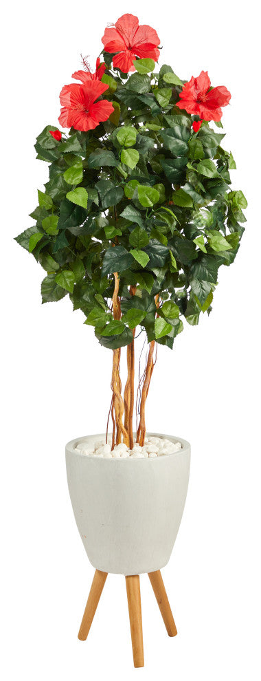 58" Hibiscus Artificial Tree, White Planter With Stand