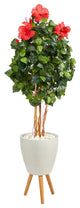 58" Hibiscus Artificial Tree, White Planter With Stand