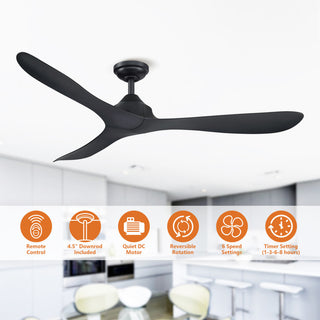 56" Modern Propeller Ceiling Fan with Remote Control and DC Reversible Motor, Black
