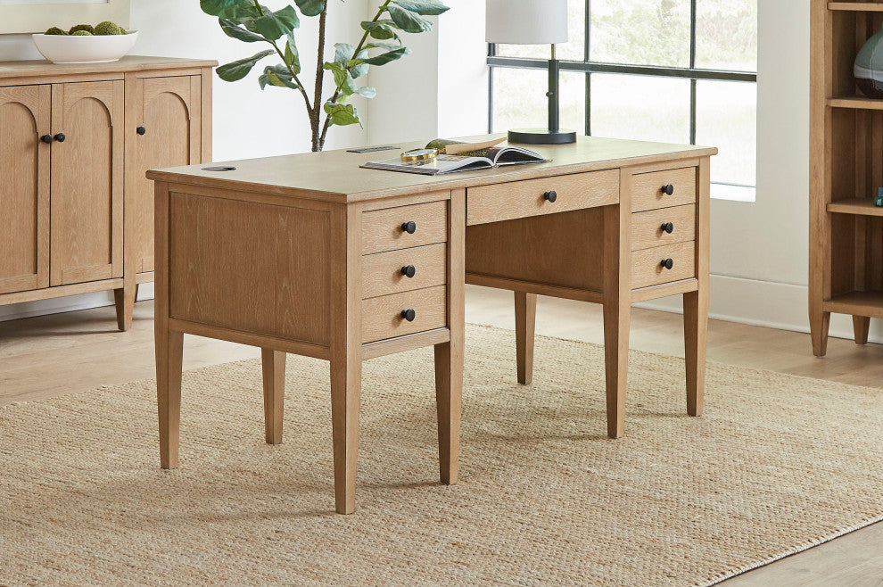 Modern Wood Half Pedestal Desk, Wood Office Desk, Fully Assembled, Light Brown