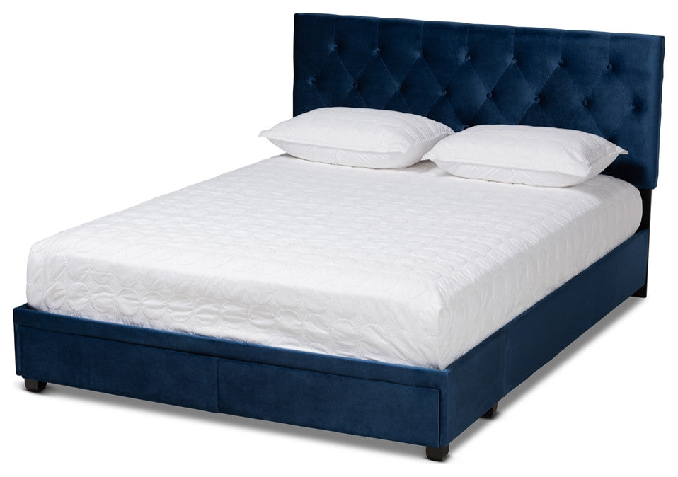 Navy Blue Velvet Fabric Upholstered 2-Drawer Queen Size Platform Storage Bed