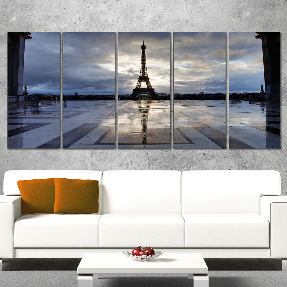 Reflection of Paris Eiffel TowerWith Clouds, Canvas Print, 60"x28", 5 Panels