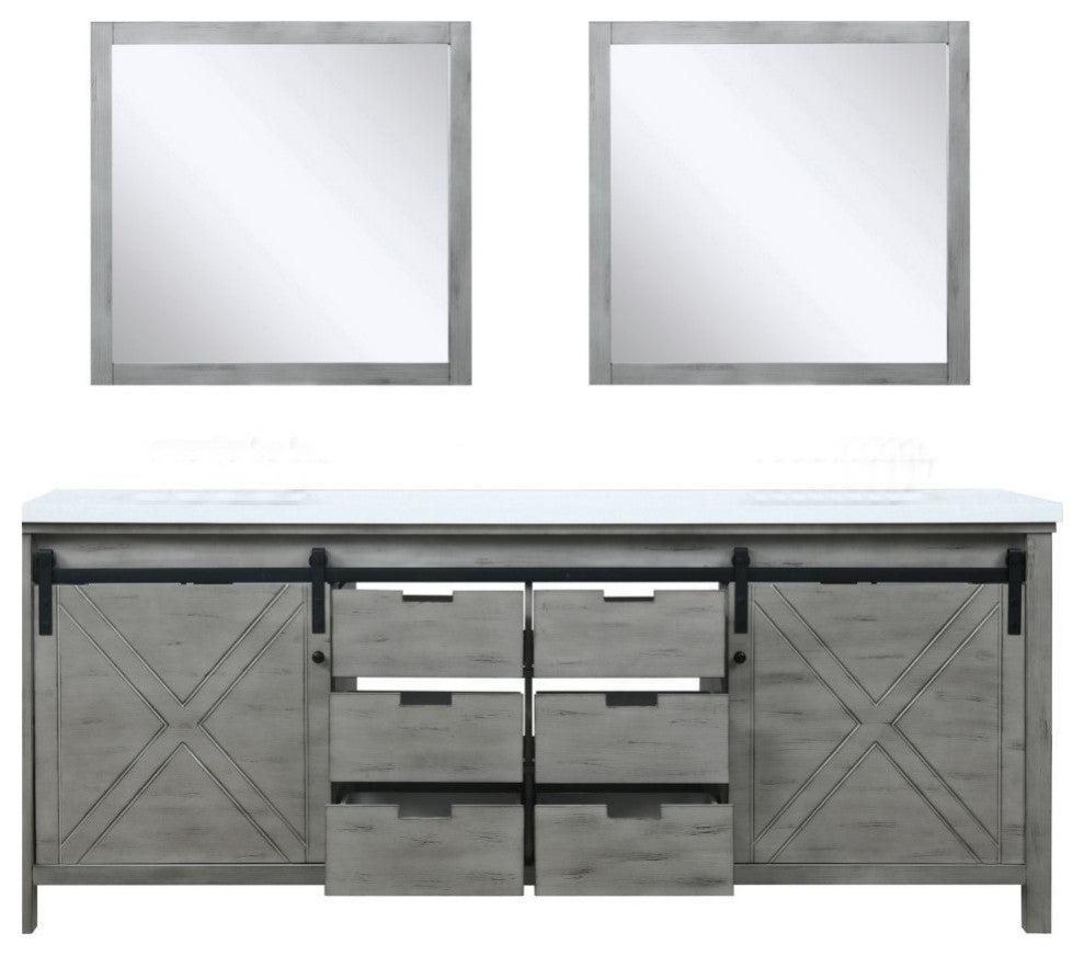 Marsyas 84" Ash Gray Double Vanity Cabinet Quartz Top Sinks, 34" Wall Mirrors
