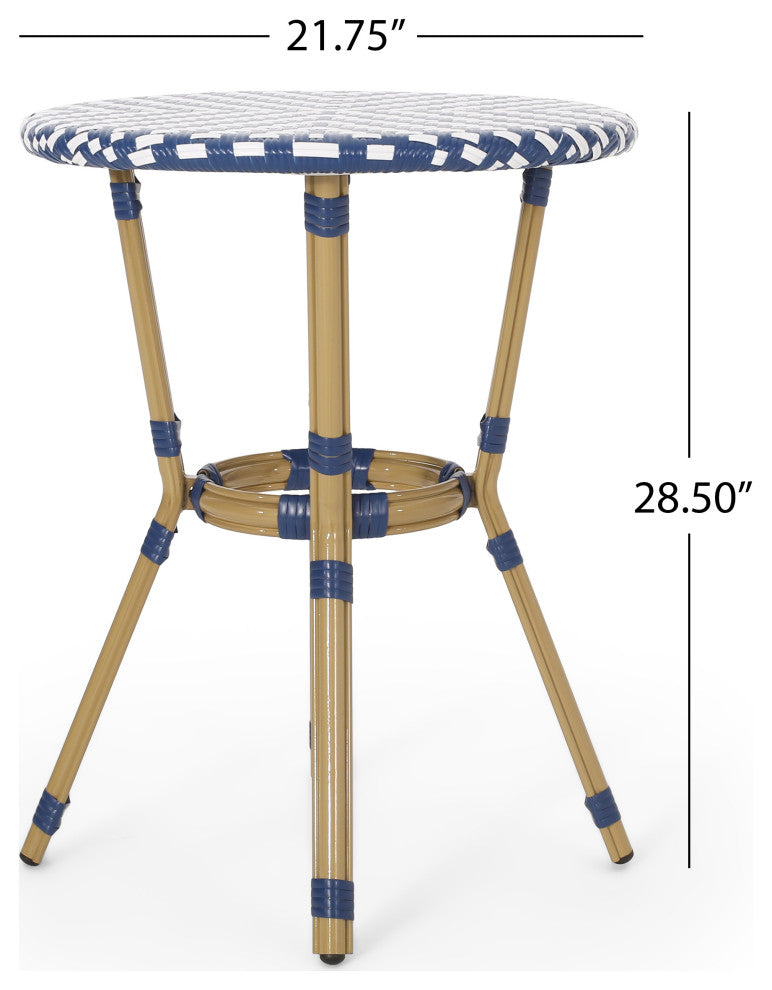 Deshler Outdoor Aluminum French Bistro Table, Navy Blue + White + Bamboo Finish