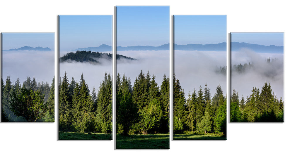 "Green Trees and Fog Over Mountains" Landscape Wall Artwork, 5 Panels