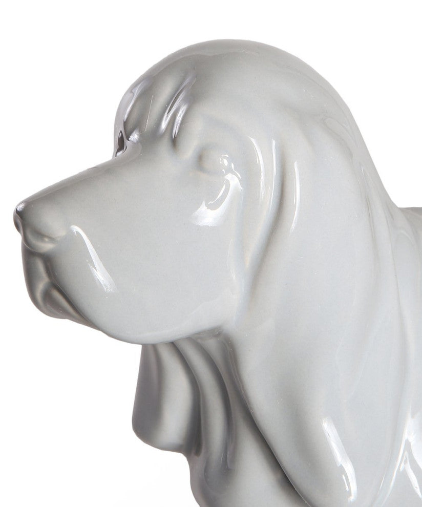 Standing Basset Hound Ceramic Statue, Shiny Grey