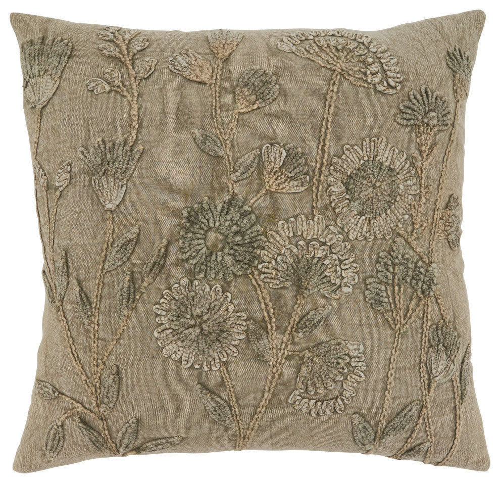 Pillow With Stone Washed Floral Design, Taupe, 20", Down Filled