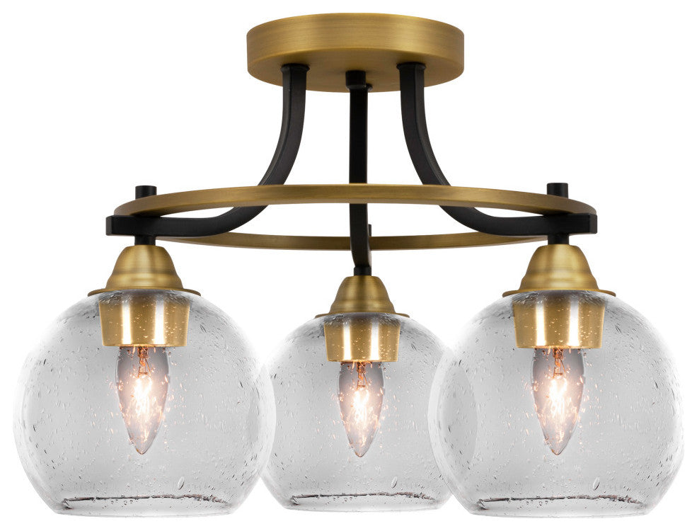 Paramount 3-Light Semi-Flush Light, Matte Black & Brass, 5.75" Clear Bubble