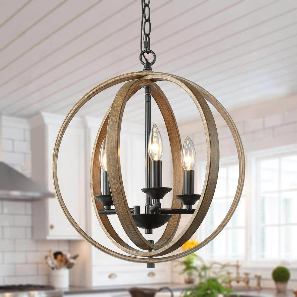 LNC Farmhouse Amtique Globe Brown Wood Chandelier for Kitchen Island, 3 Lights