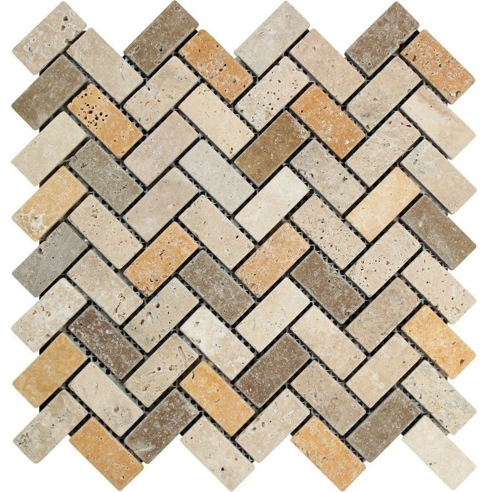 Mixed Travertine Tumbled 1 X 2 Herringbone Mosaic Tile