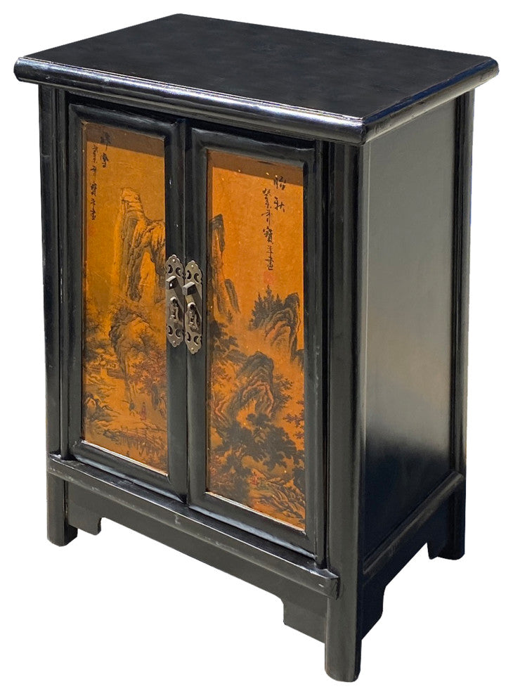 Chinese Distressed Black Yellow Scenery Graphic End Table Nightstand Hcs7341