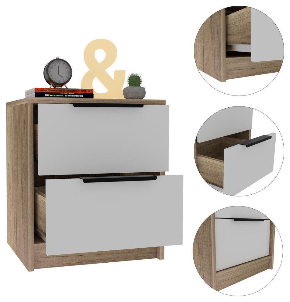 Washington Nightstand with 2 Large Drawers and Metal Handles, White/ Light Oak