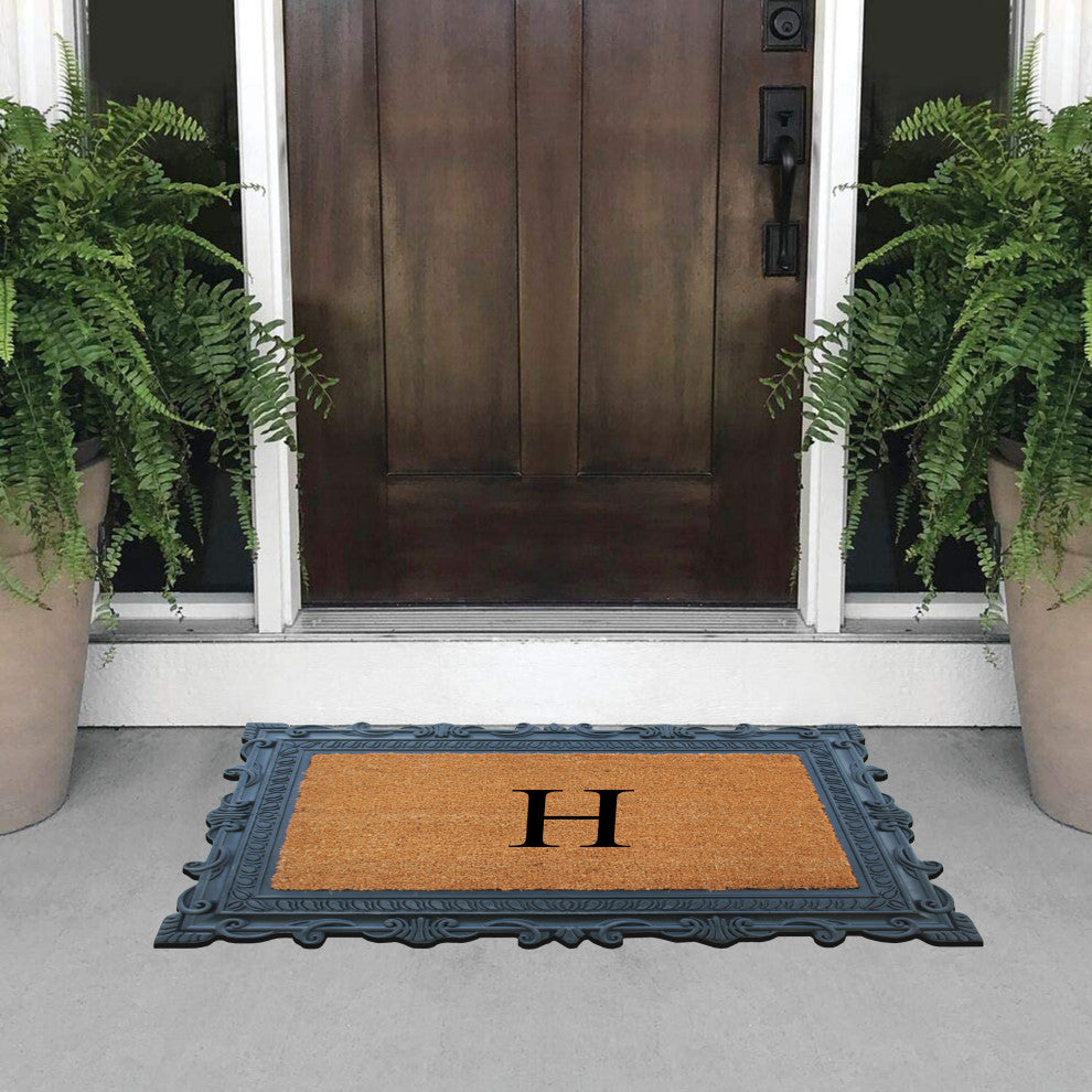 Carson Black/Beige Rubber And Coir 24"x36", Monogrammed Doormat, H