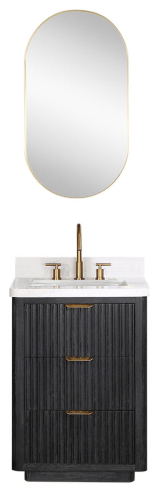 Vinnova Cadiz Bath Vanity, Composite Stone Top, Black, 24", With Mirror