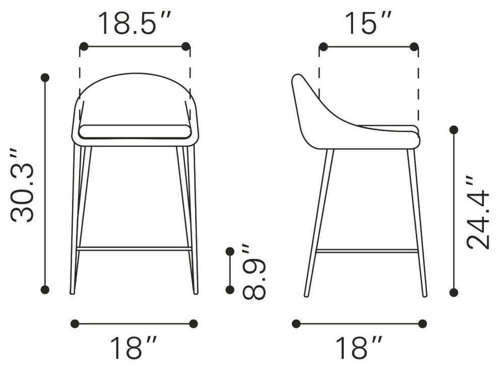 Counter Stool Chair, Set of 2, Steel Metal, Fabric, Gray, Chrome