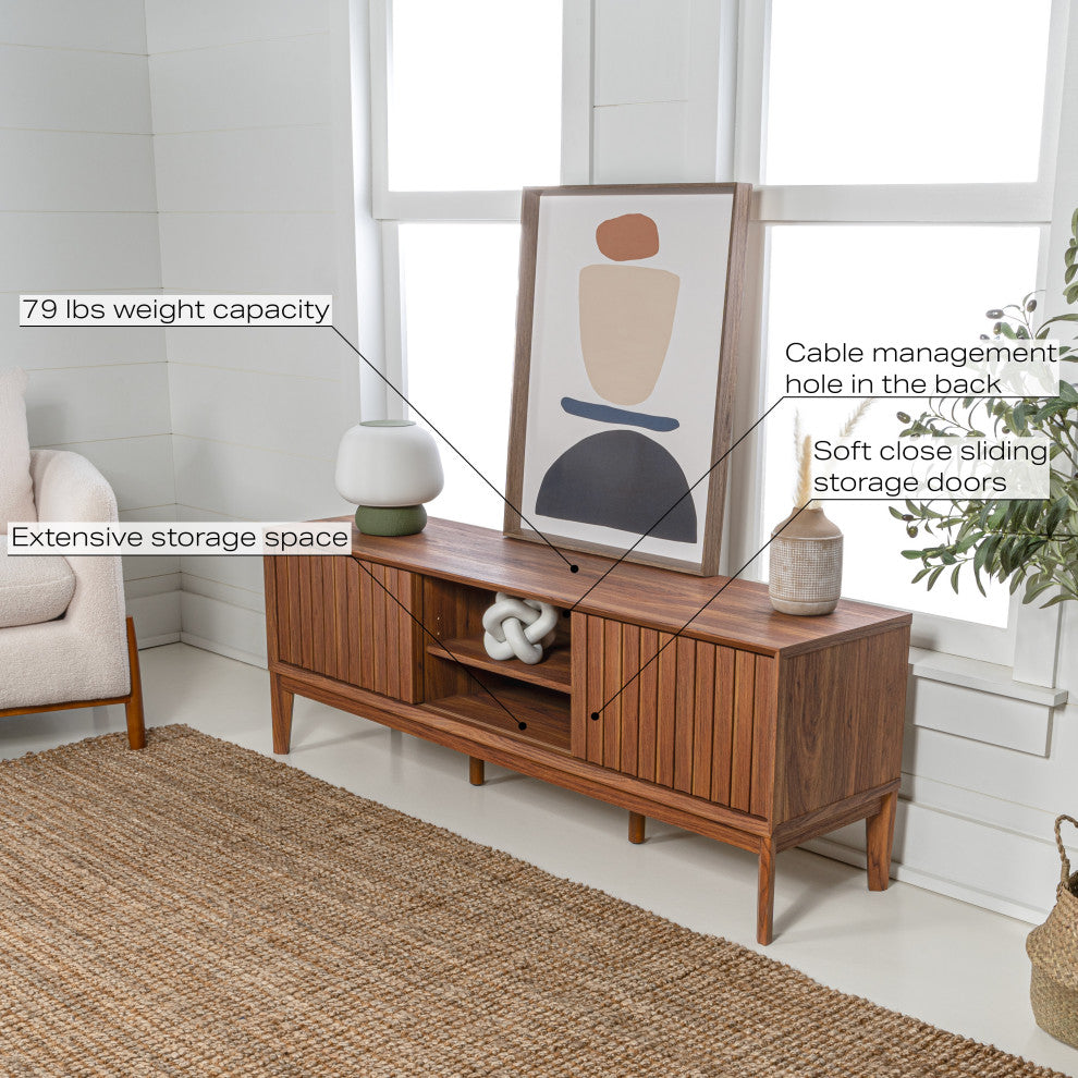 3-Storage Sliding Door TV Stand Fits TVs up to 65 in, Cable Management, Walnut