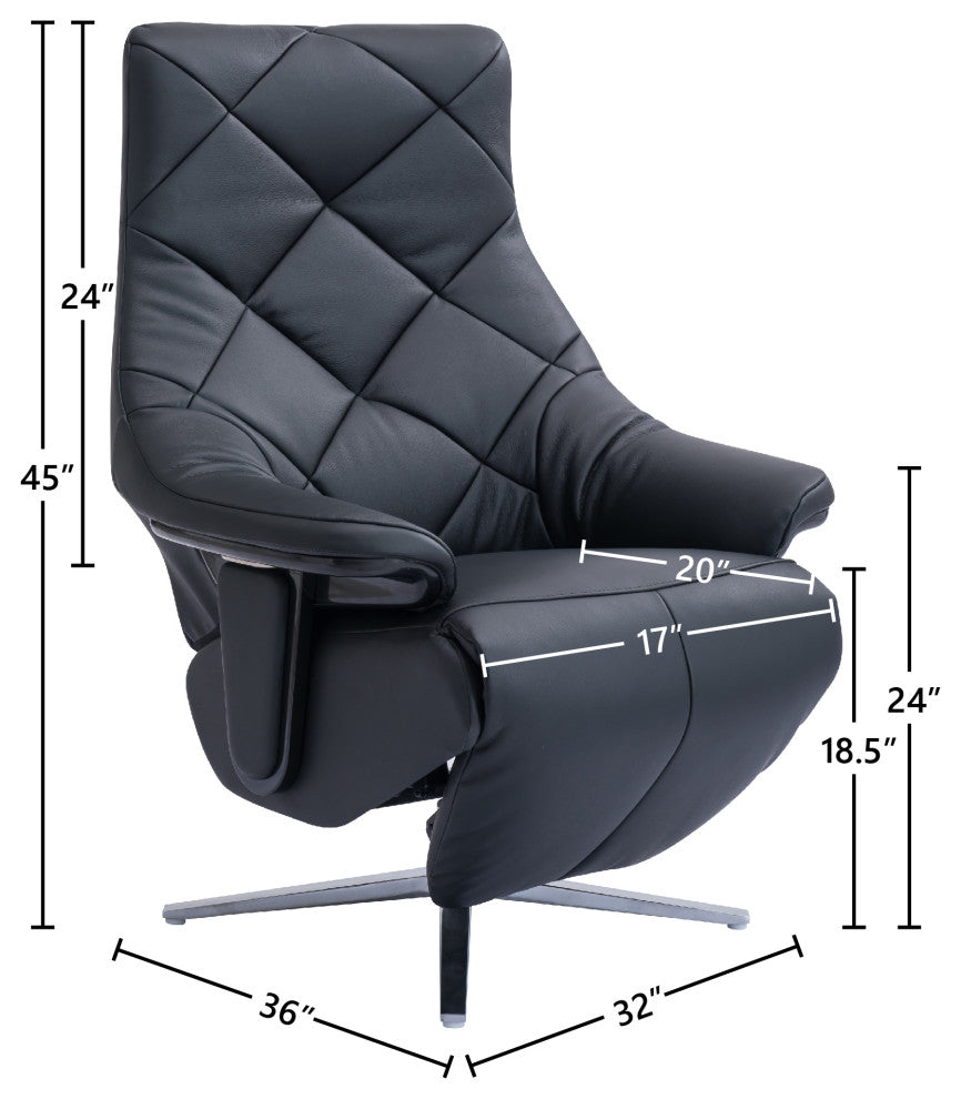 Darwin Modern Leather Cordless Powered Recliner with Diamond Back, Black/Silver