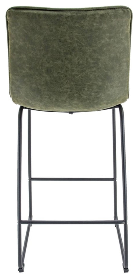 LeisureMod Brooklyn Modern Leather Bar Stool Set of 2 in Olive Green