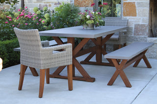 5-Piece Eucalyptus Dining Set With Matching Benches and Wicker Captain's Chairs