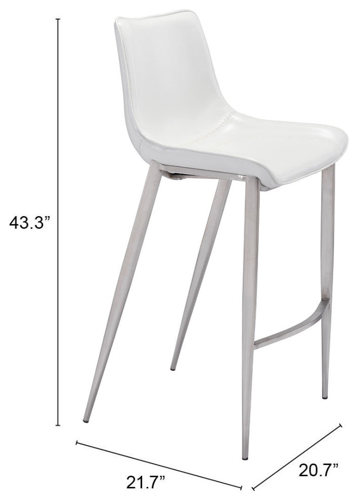 Bar Stool Chair Barstool, Set of 2, Faux Vinyl Leather, Steel, White, Silver