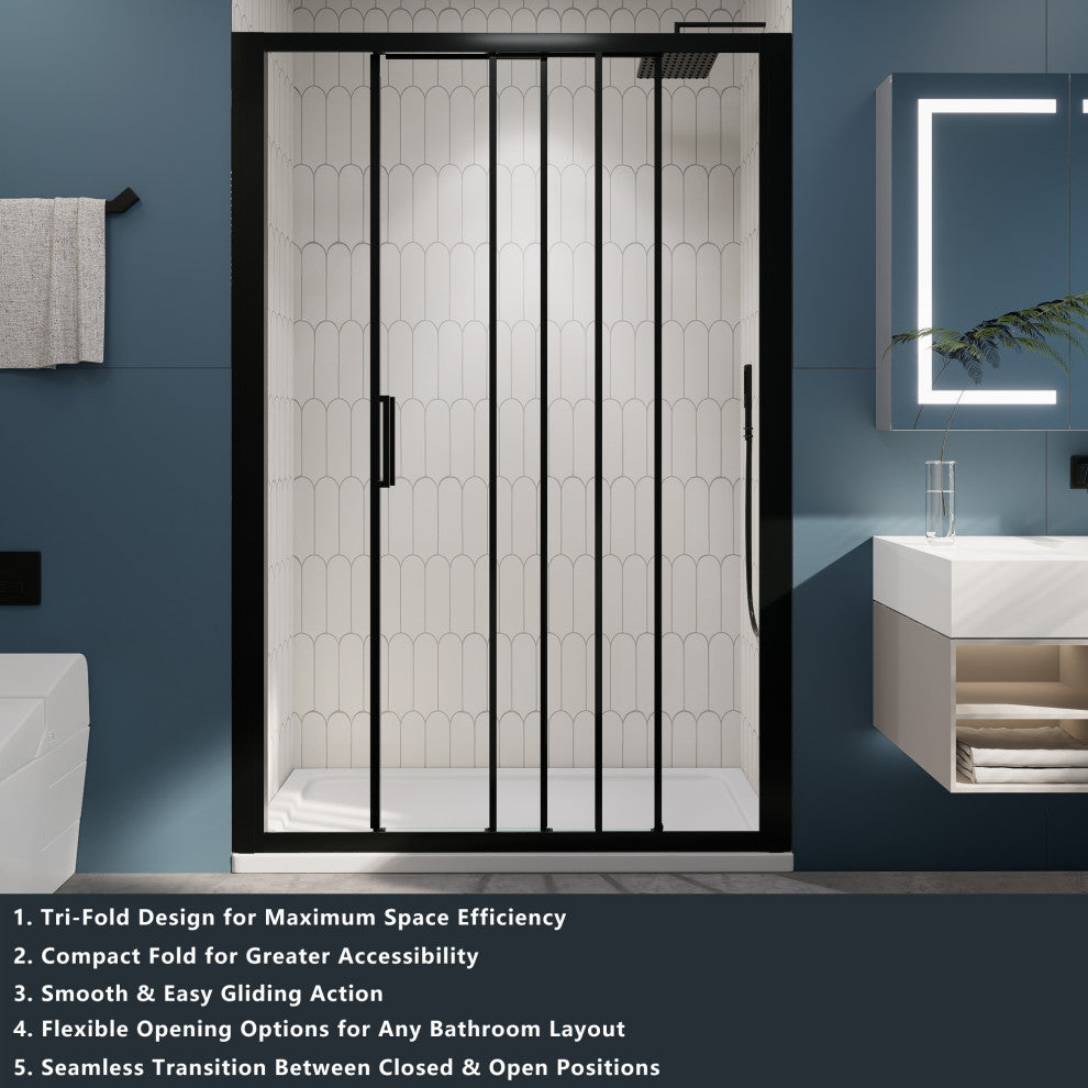 3-Panel Sliding Semi-Frameless Shower Door in Matte Black Finish, 54"x70"