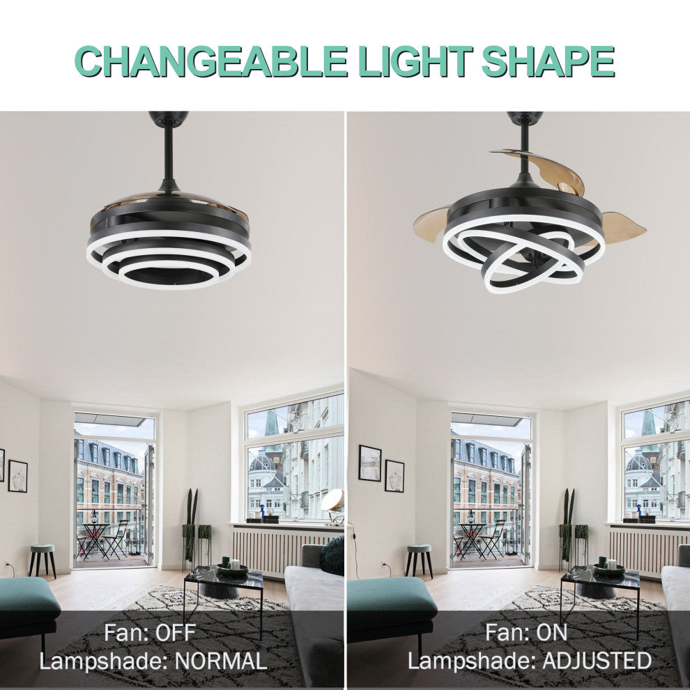 Oaks Aura 42" DIY Shape Retractable Ceiling Fan with Lights and Remote Control, Black