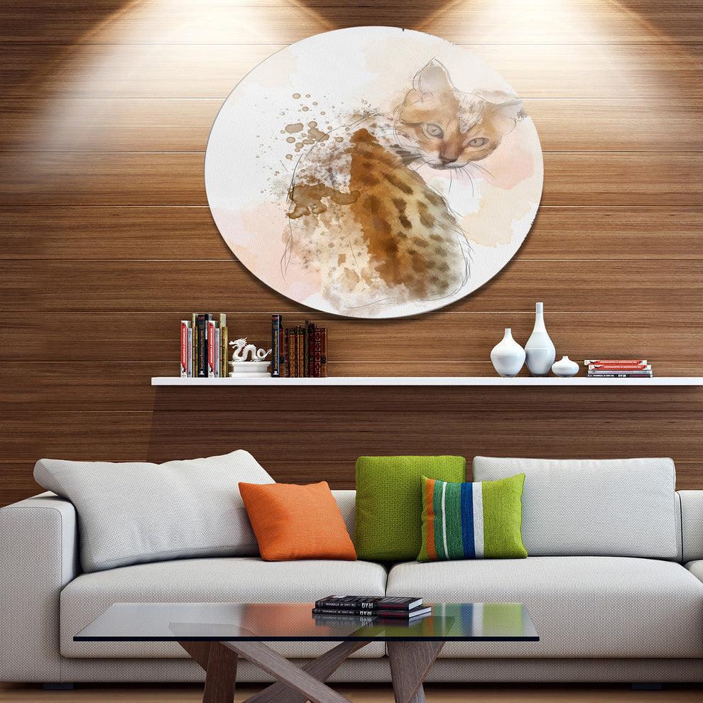 Cute Cat Sketch With Brown Splashes, Modern Animal Round Wall Art, 36"