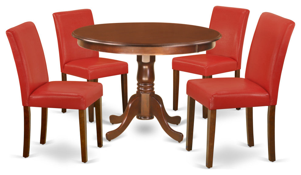 5-Piece Round 42" Table and 4-Parson Chair, Pu Leather Color Firebrick Red