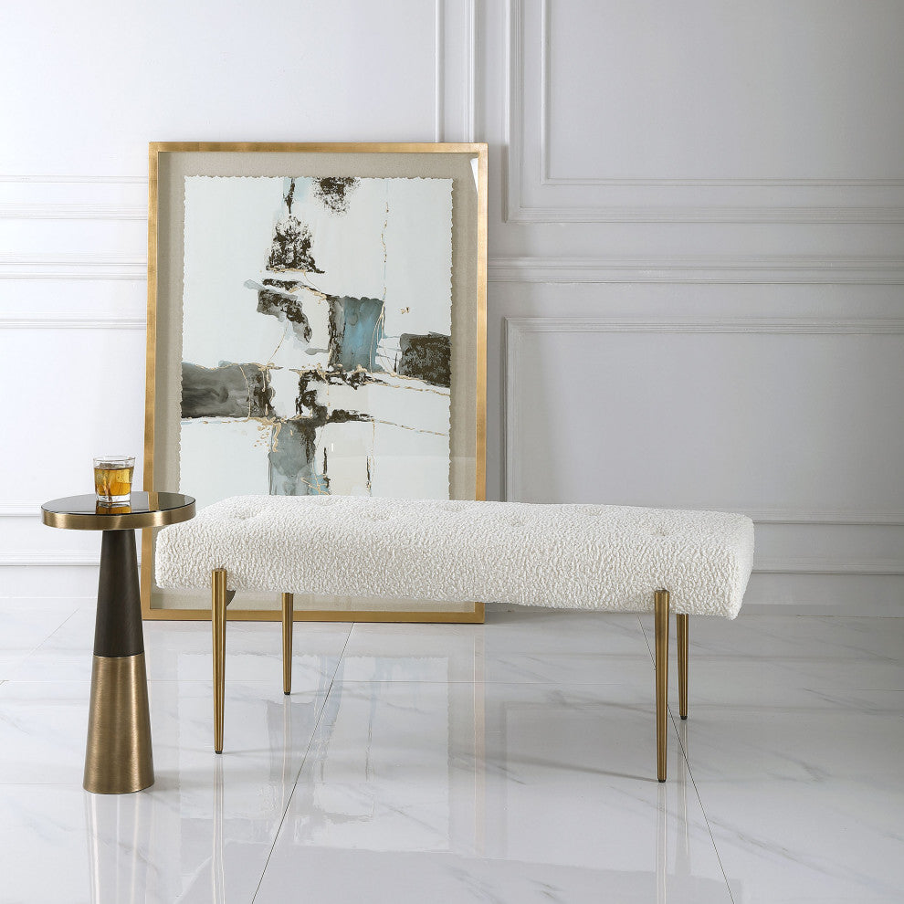 Glam Plush Faux Shearling Wool White Bench Ottoman Retro Long Gold