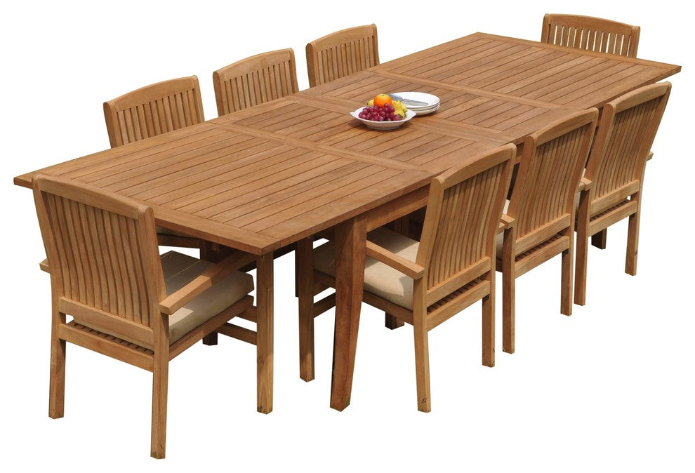 9-Piece Teak Dining Set: 122" X-Large Rectangle Table, 8 Wave Stacking Chairs