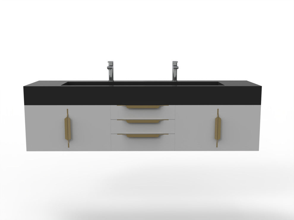 CastelloUSA Nile 72" Wall Mounted Bathroom Vanity Set, Gray, Black Top, Gold Handles