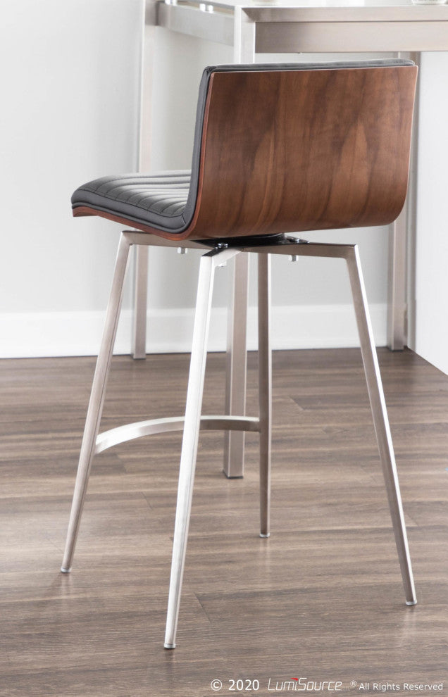 Mason Swivel Counter Stool, Set of 2, Stainless Steel/Walnut Wood/Black PU